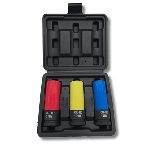 Juego de 3 vasos de impacto CR-MO 17, 19 y 21mm + cubierta protectora de nylon