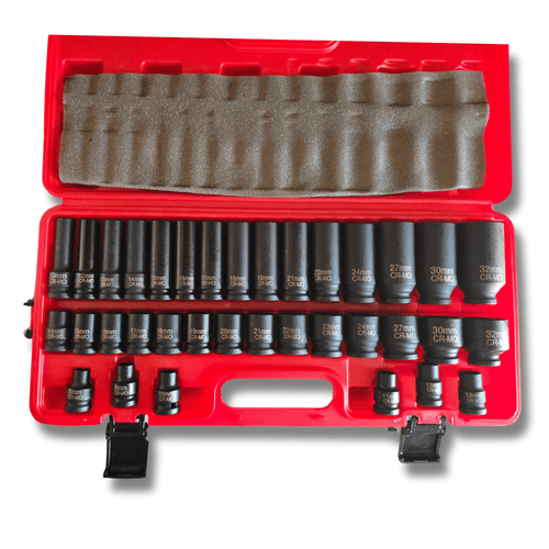 Maletín vasos 1/2" (8-32mm) 35 piezas – Cortos y largos Cr-Mo impacto