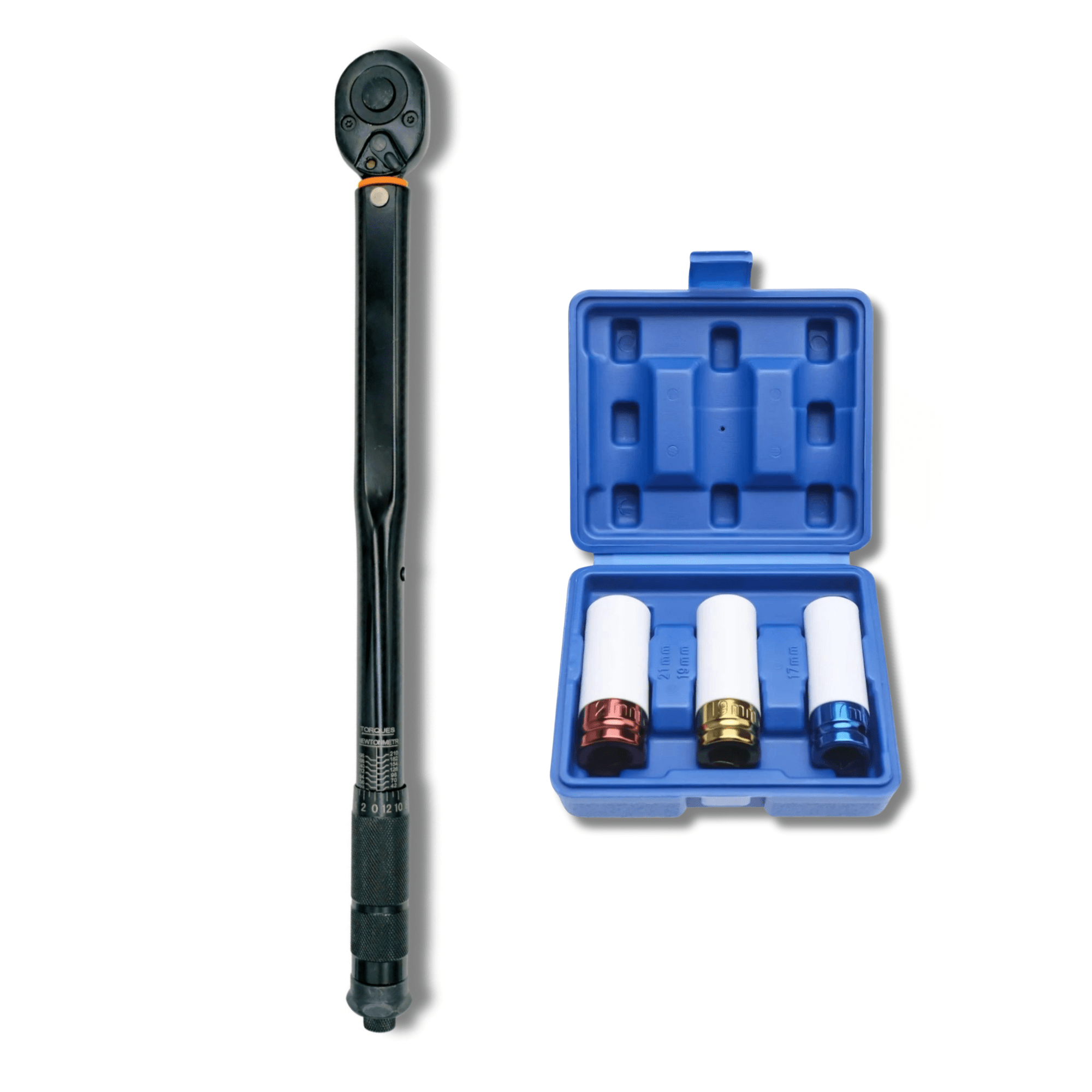 Llave Dinamometrica 28-210 Nm + 3 vasos protegidos nylon 17, 19, 21mm y estuche.
