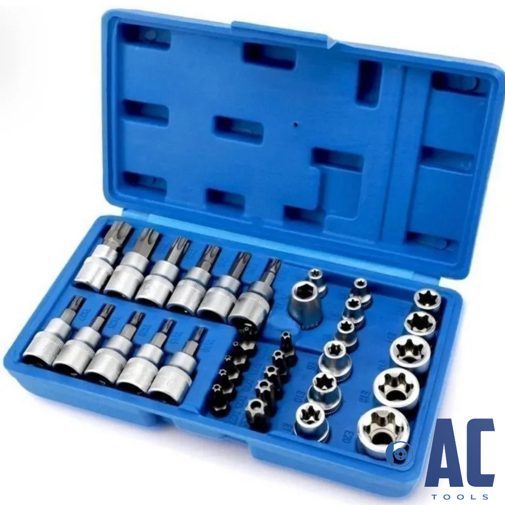 Maletin variado de puntas y vasos Torx 34 piezas con estuche de almacenaje.