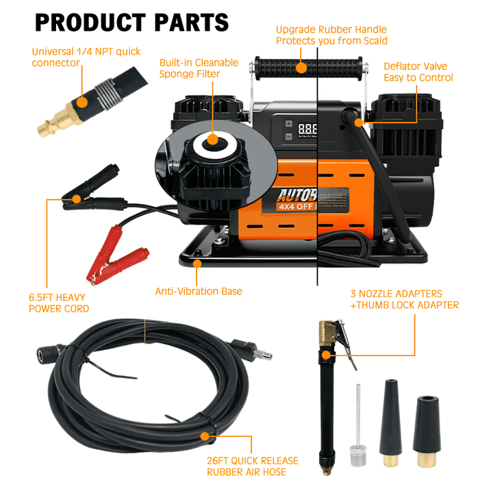 Compresor de Ruedas Portátil Bicilíndrico 12V 350L/min 150PSI con Pantalla LCD - 6