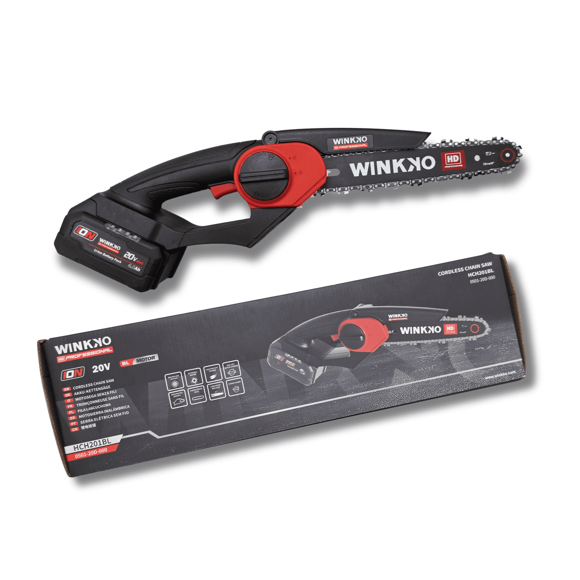Motosierra Eléctrica 8” Compacta 20V Brushless con Batería 4.0Ah y Cargador