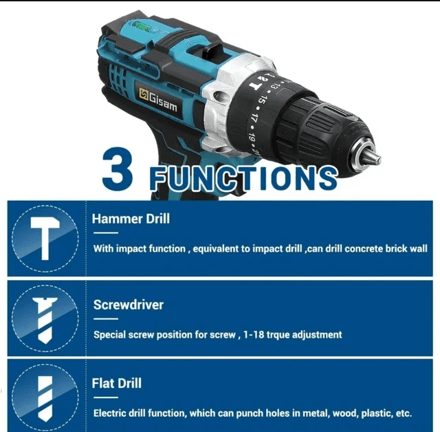 Taladro atornillador eléctrico con martillo + 2 baterías + cargador - 3