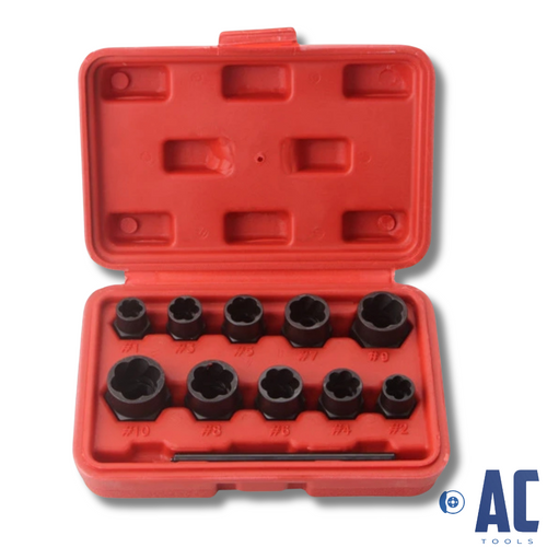 Kit extractores de tuercas dañadas compuesto de 11 piezas mas estuche