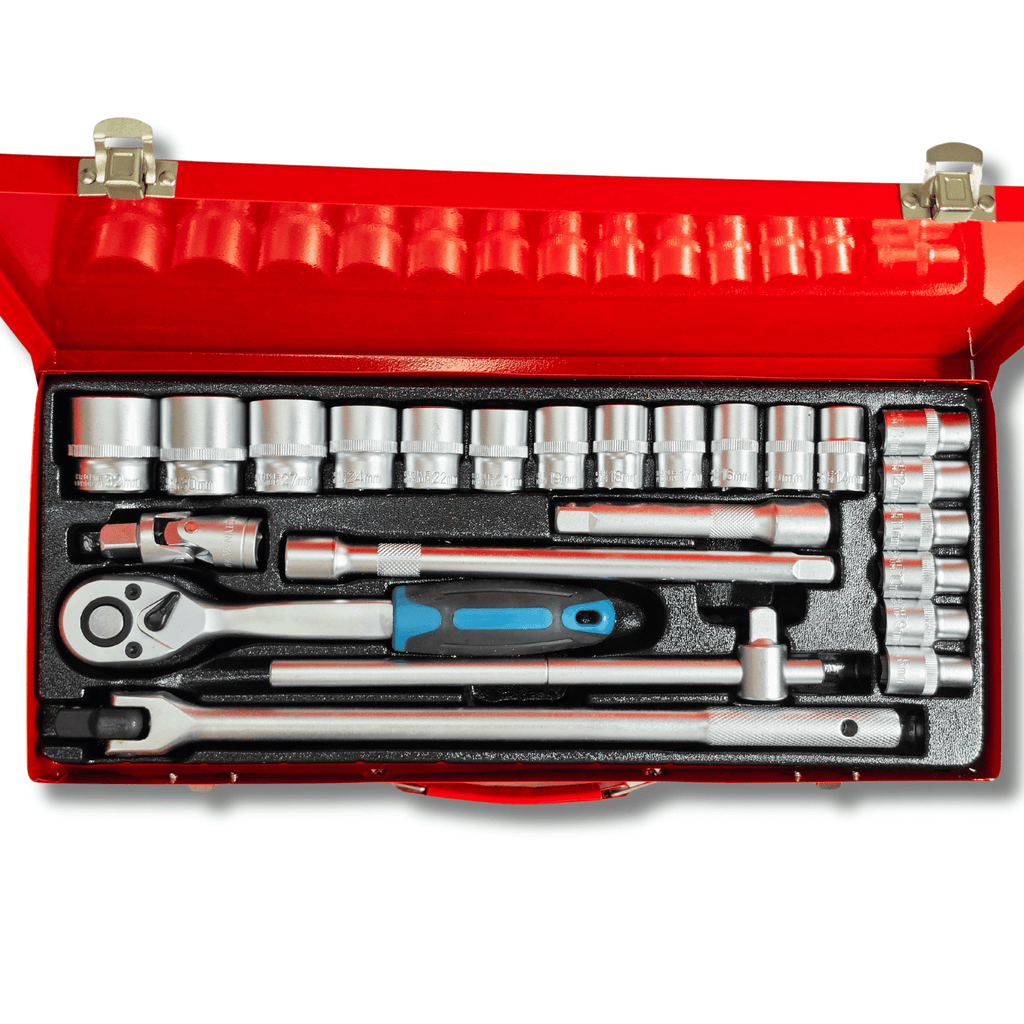 Estuche Metálico Carraca 1/2” 24 Piezas con Vasos 8–32 mm Extensores Maneral