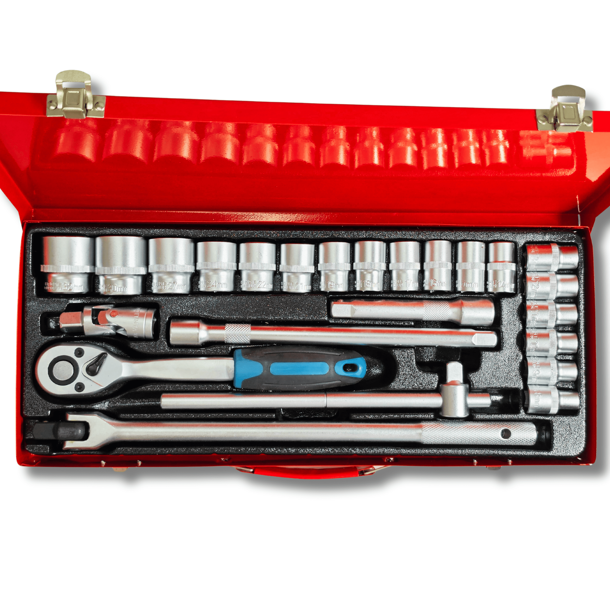 Estuche Metálico Carraca 1/2” 24 Piezas con Vasos 8–32 mm Extensores Maneral