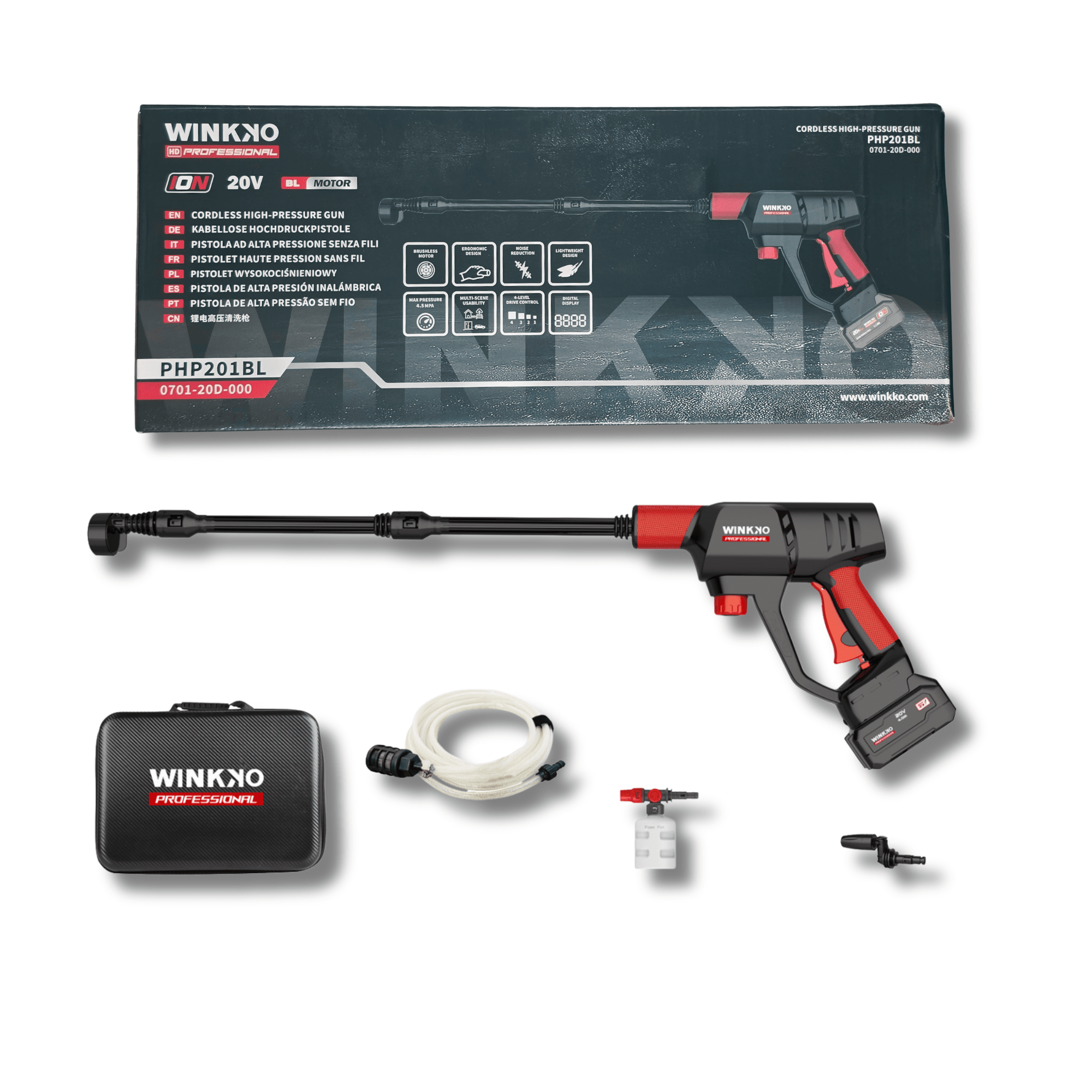 Pistola Lavadora a Presión Inalámbrica 20V Brushless con 2 Baterías 4.0Ah LCD