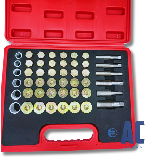 Juego profesional 114 piezas para reparar roscas dañadas de cárter + tapones.