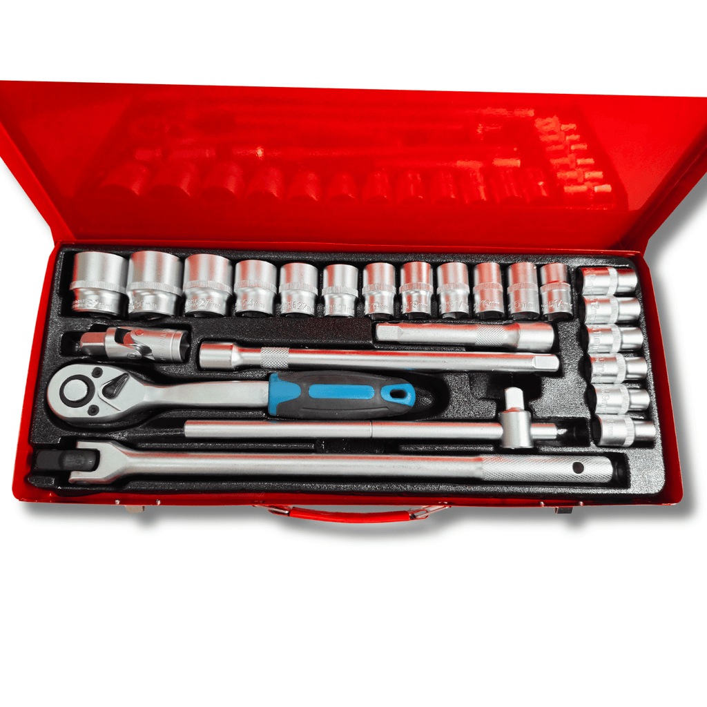 Estuche Metálico Carraca 1/2” 24 Piezas con Vasos 8–32 mm Extensores Maneral - 3