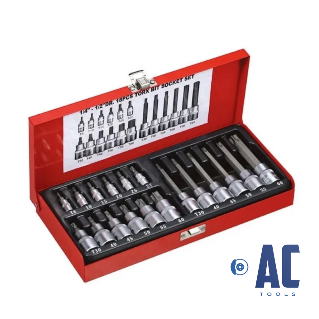 Juego profesional de 18 puntas Torx con vaso + estuche metalico resistente