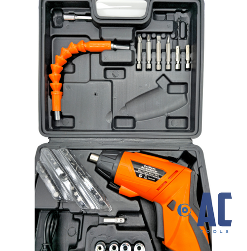 Atornillador compacto de batería 3.6V 47 piezas articulado. Incluye cable carga.
