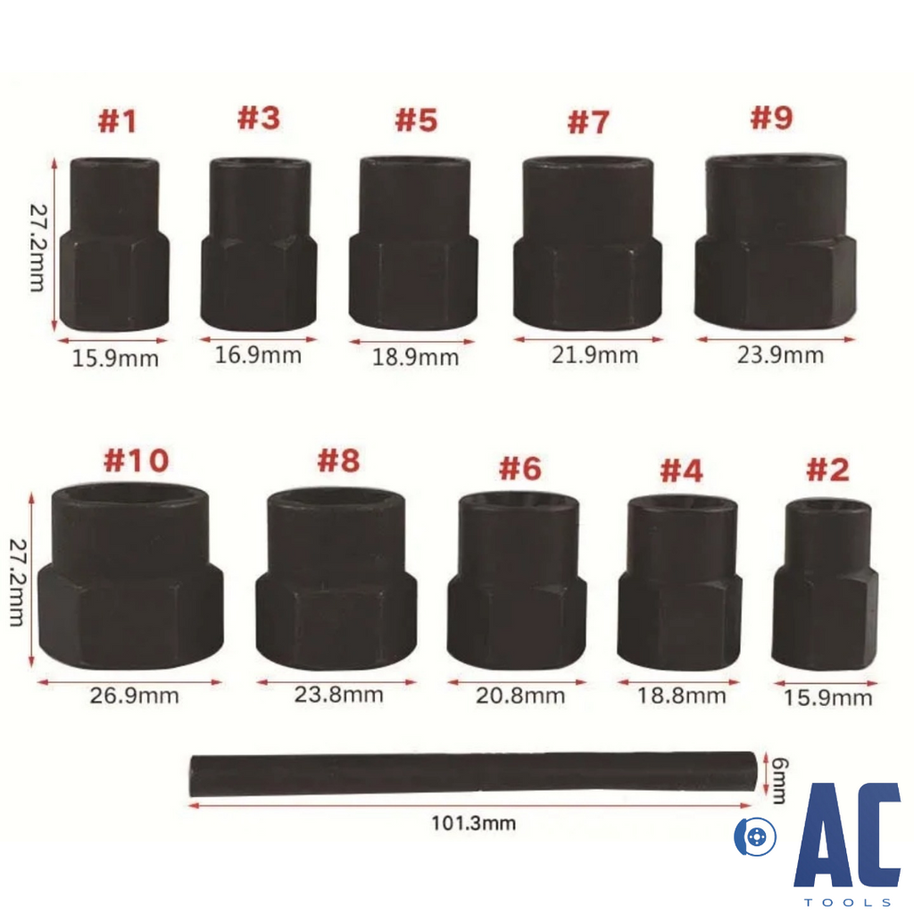Kit extractores de tuercas dañadas compuesto de 11 piezas mas estuche - 4