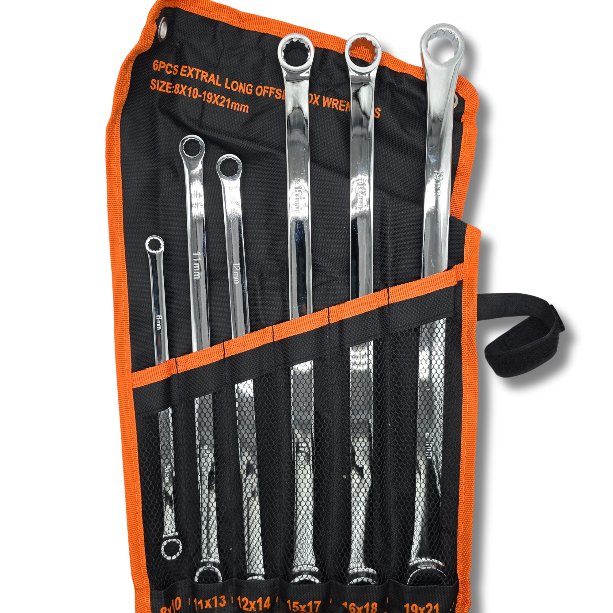 Juego de 6 Llaves Fijas Planas Largas 12 Caras (8-21mm) + Estuche almacenamiento
