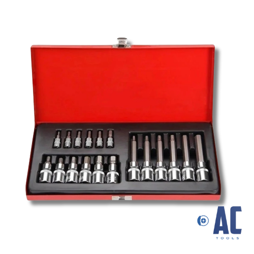 Juego profesional de 18 puntas Allen con vaso + estuche metálico resistente.