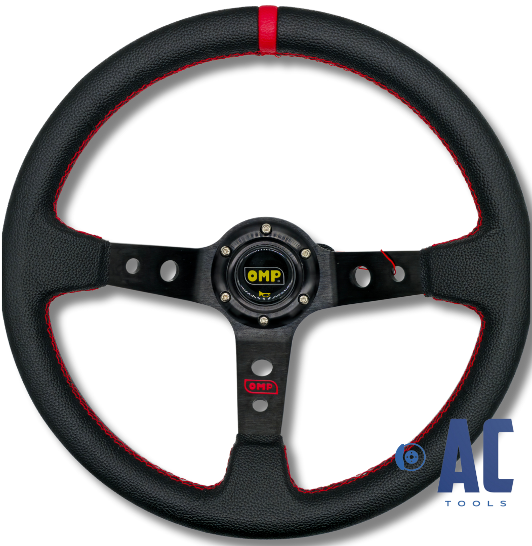 Volante desplazado tipo OMP con costuras + claxon y tornillos